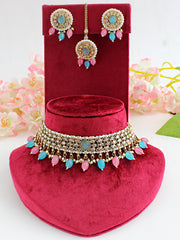  Bhumi necklace set -Pastel Pink / Turquoise