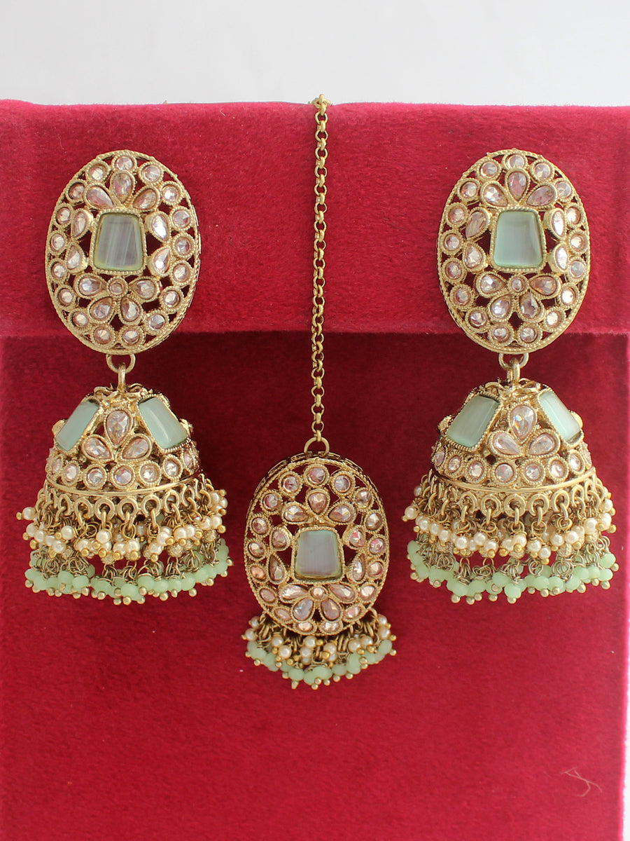 Saanvi Earrings & Tikka-Mint Green