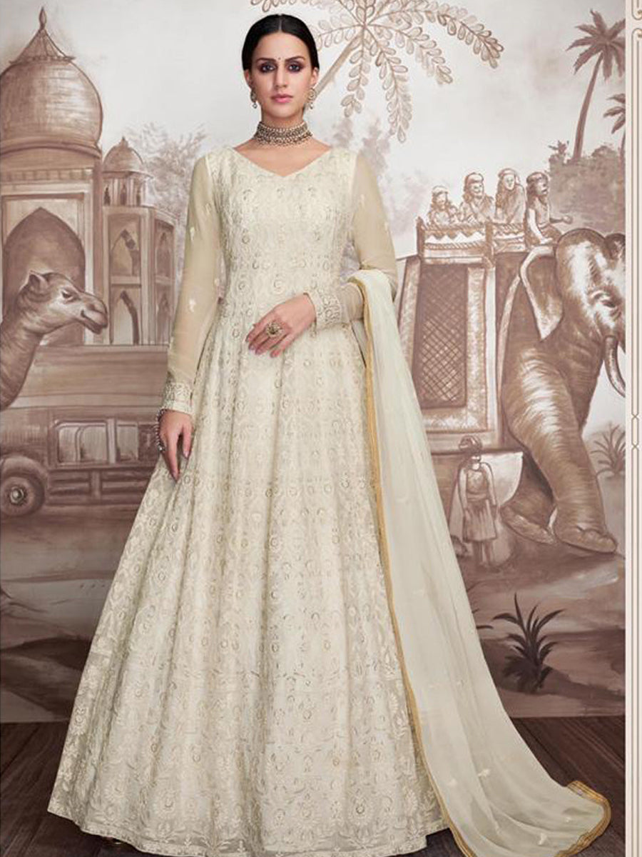 Off White Fancy Embroidered Wedding Function Wear Anarkali Dress In Net  Fabric