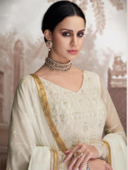 Parinaaz Off White Georgette Lucknowi Chikankari Embroidered Floor Length Anarkali Suit