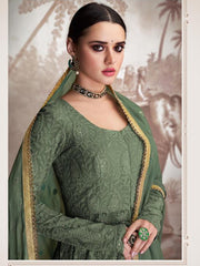 Mahira Olive Green Georgette Lucknowi Chikankari Embroidered Anarkali Suit
