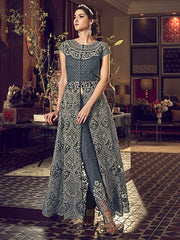 Rehana Dark Grey Butterfly Net Embroidered Floor Length Suit