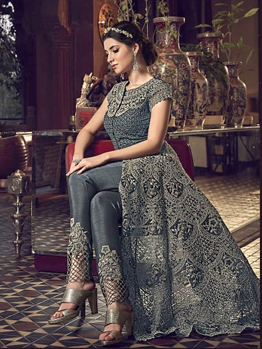 Rehana Dark Grey Butterfly Net Embroidered Floor Length Suit