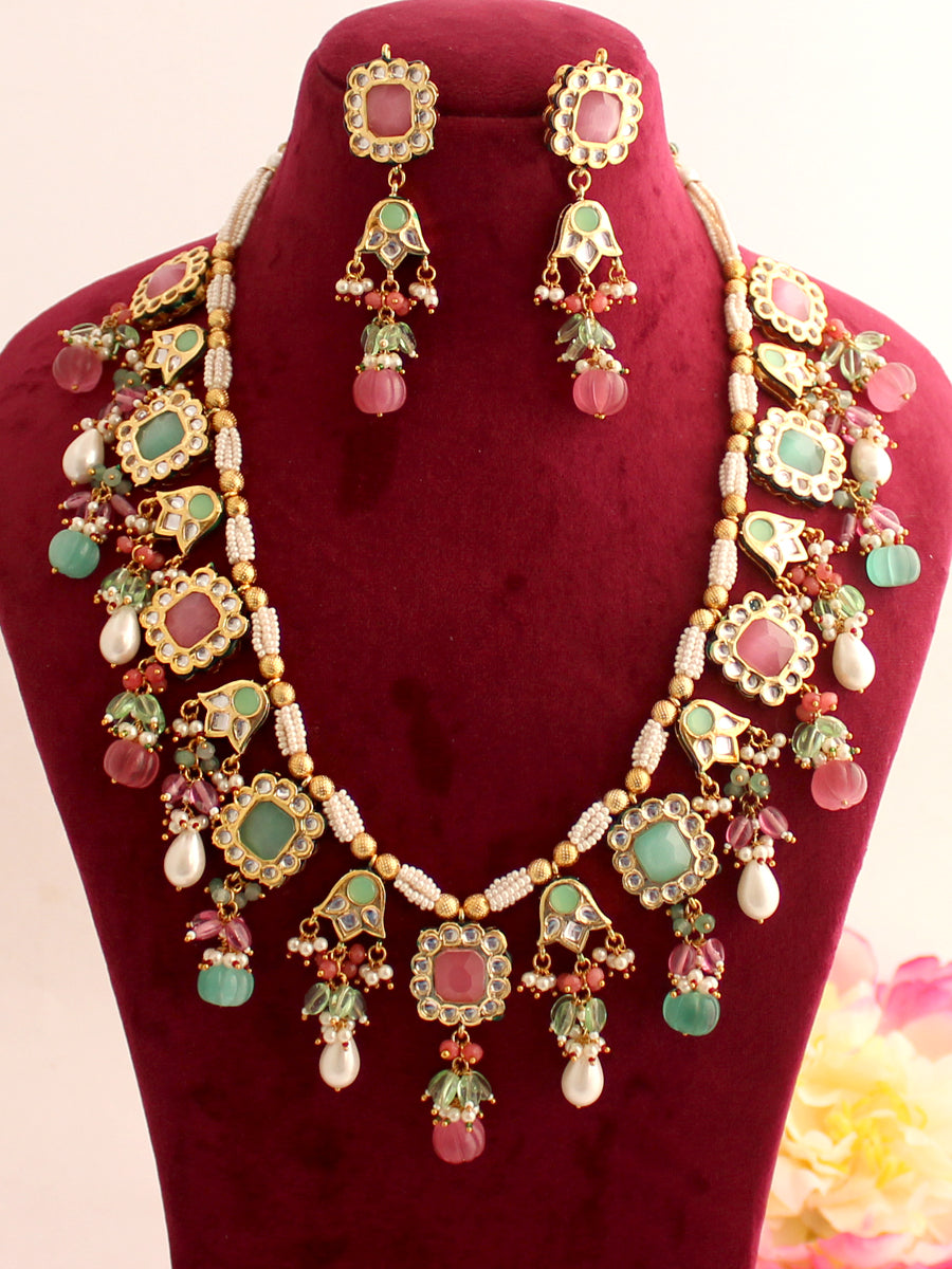 Samakshi Long Necklace Set-Pastel Pink/Mint Green