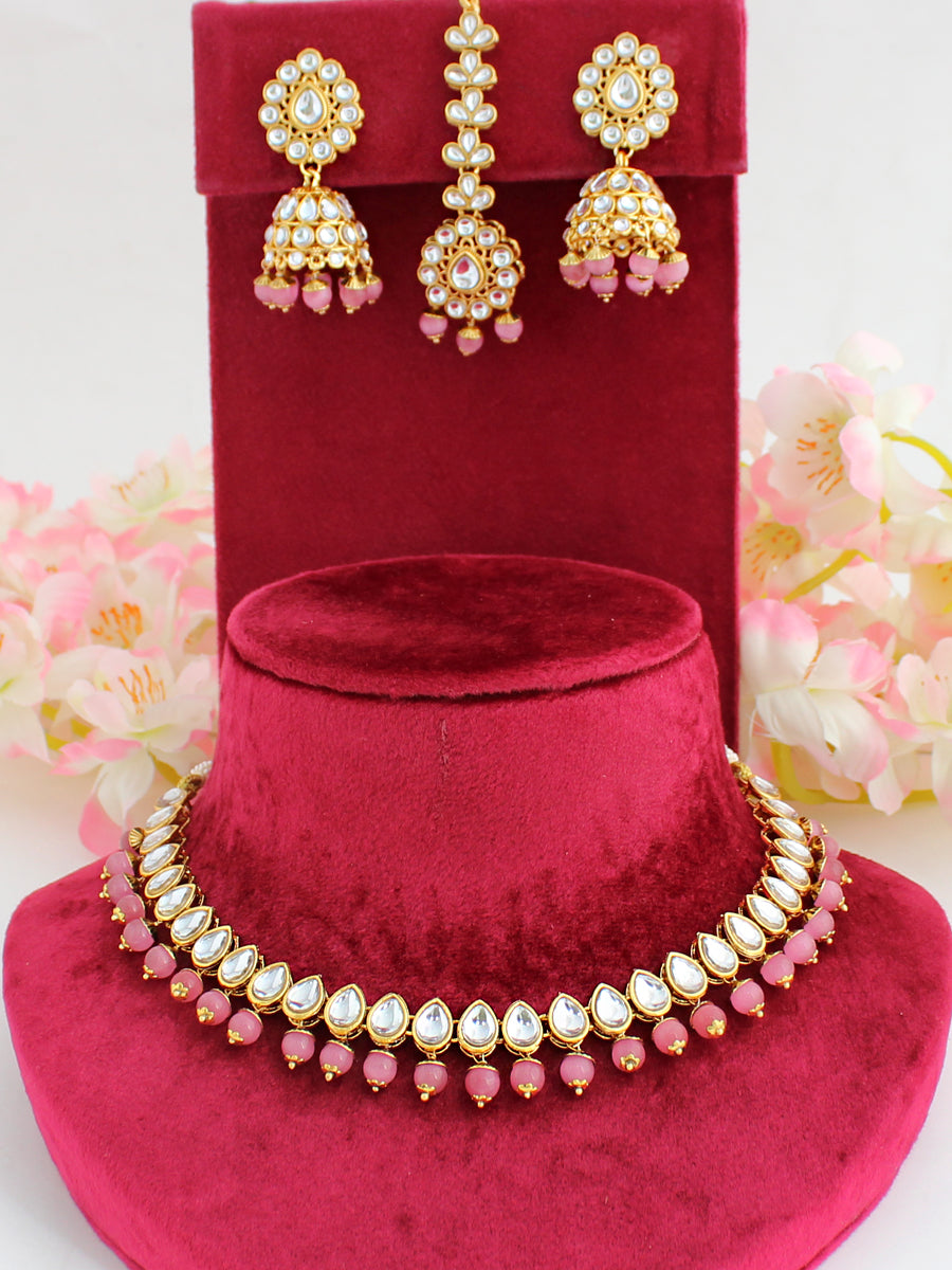 Damini Kundan Bib Necklace Set-Pink