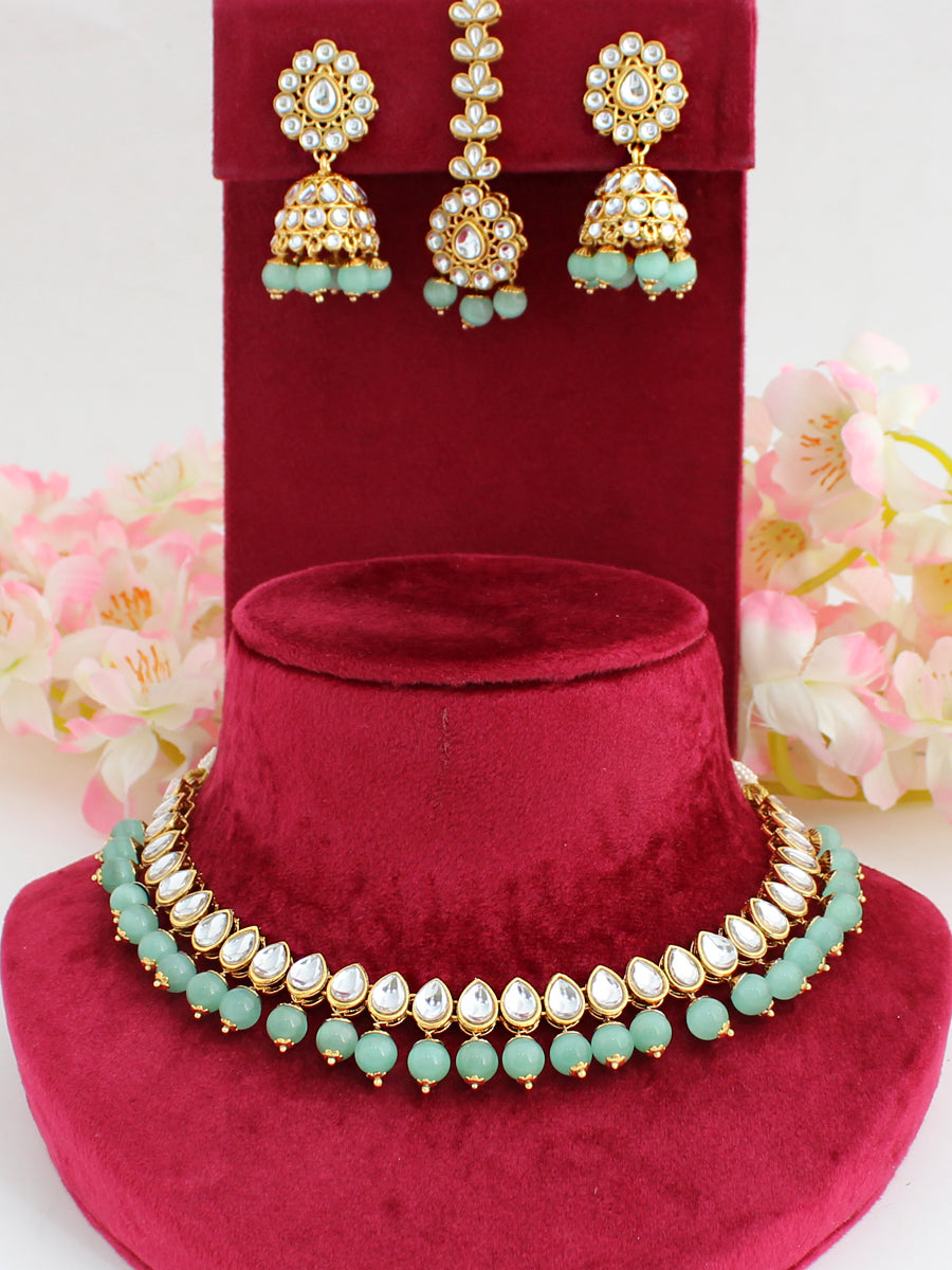 Damini Kundan Bib Necklace Set-Mint Green