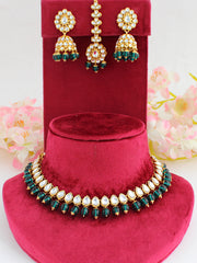 Damini Kundan Bib Necklace Set-Rama Green