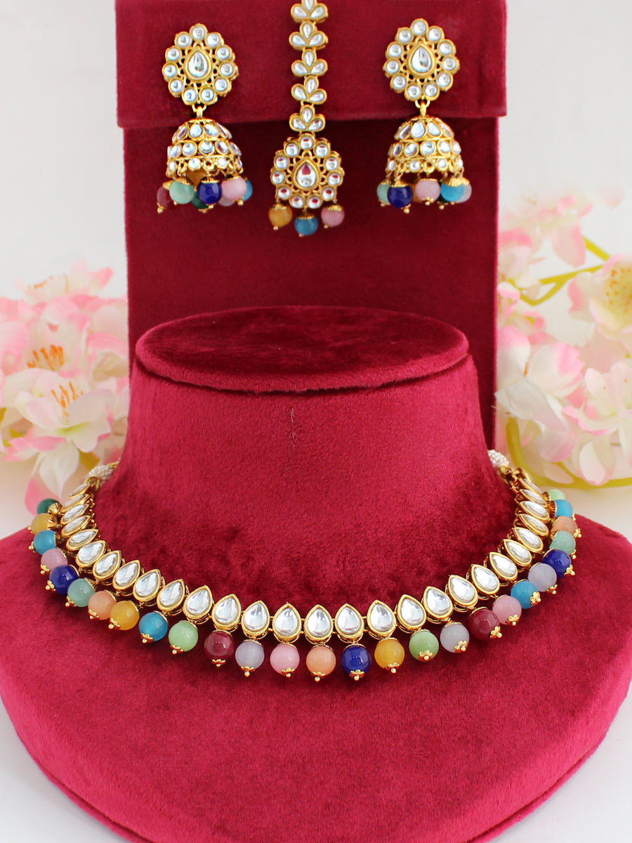 Damini Kundan Bib Necklace Set-Multicolor
