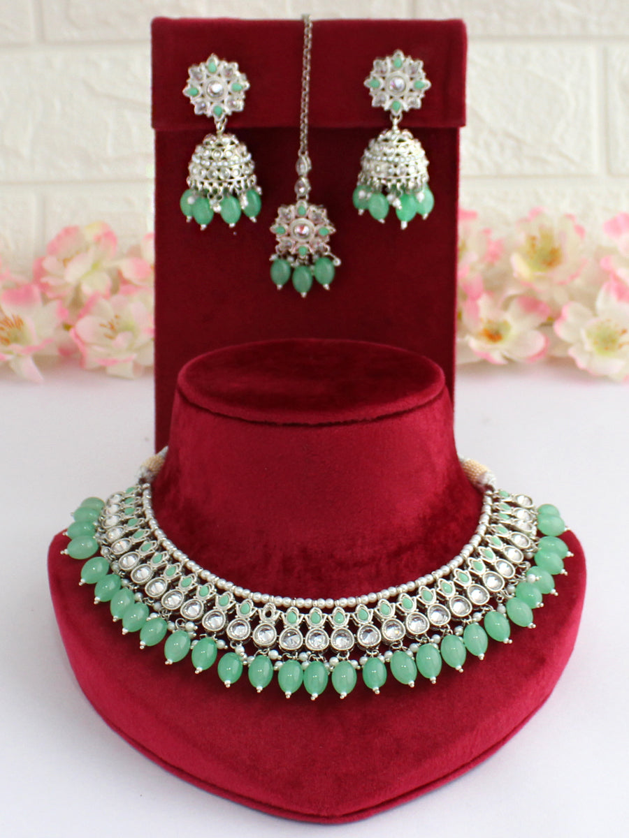 Riyana Necklace Set-Silver/Mint Green