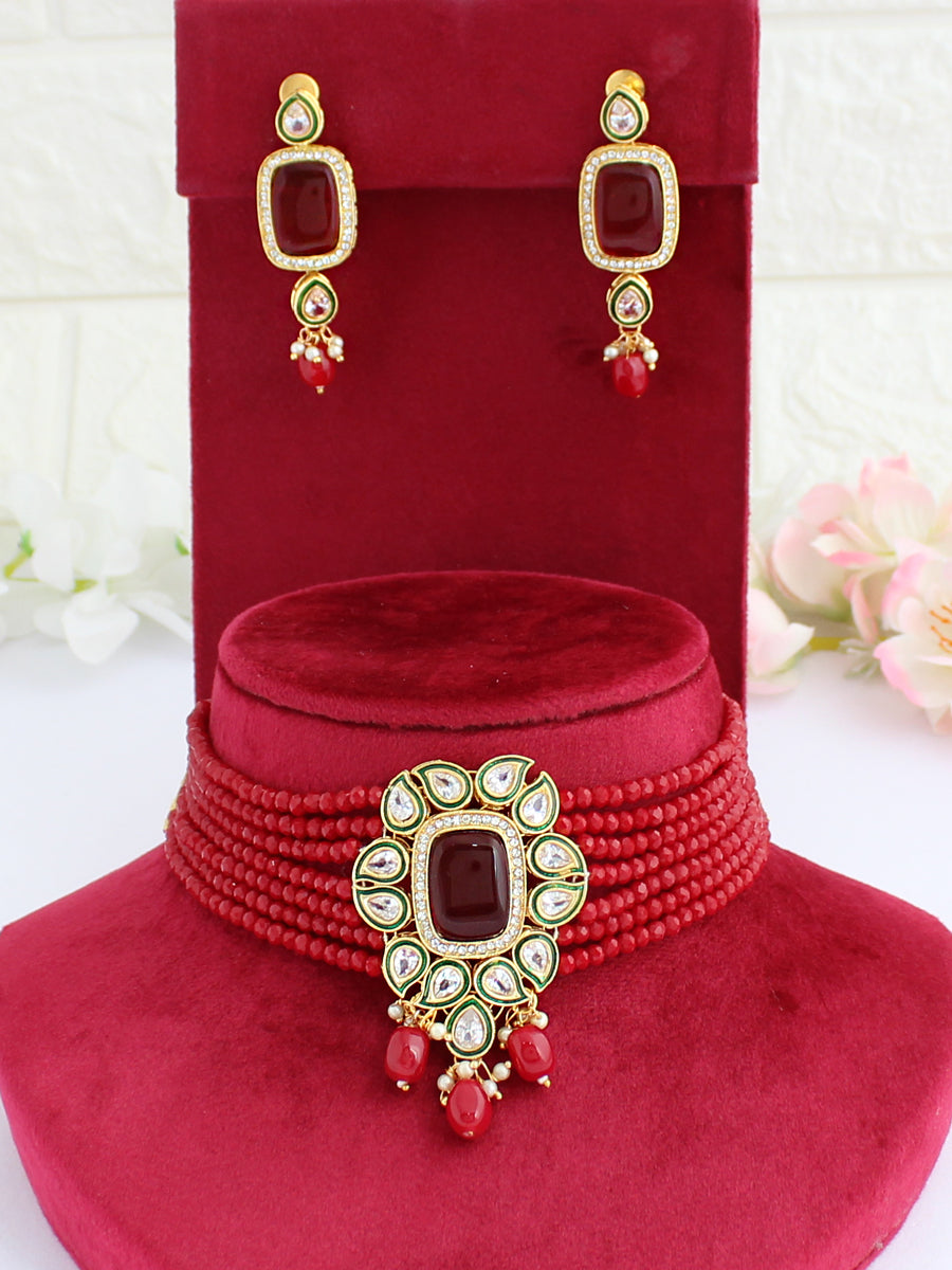 Devika Choker Necklace Set-Maroon