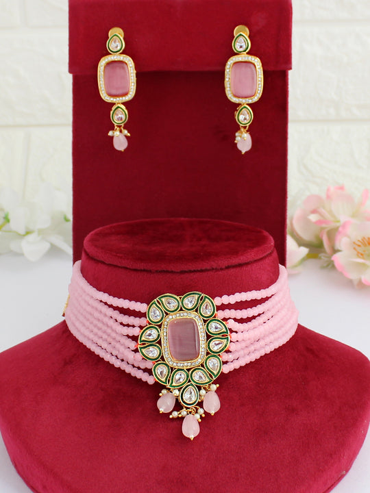 Devika Choker Necklace Set-Pink