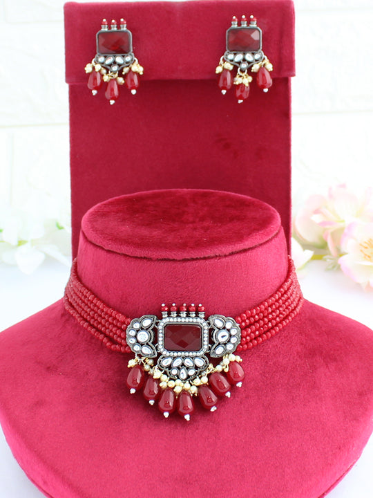 Aditri Choker Necklace Set-Maroon
