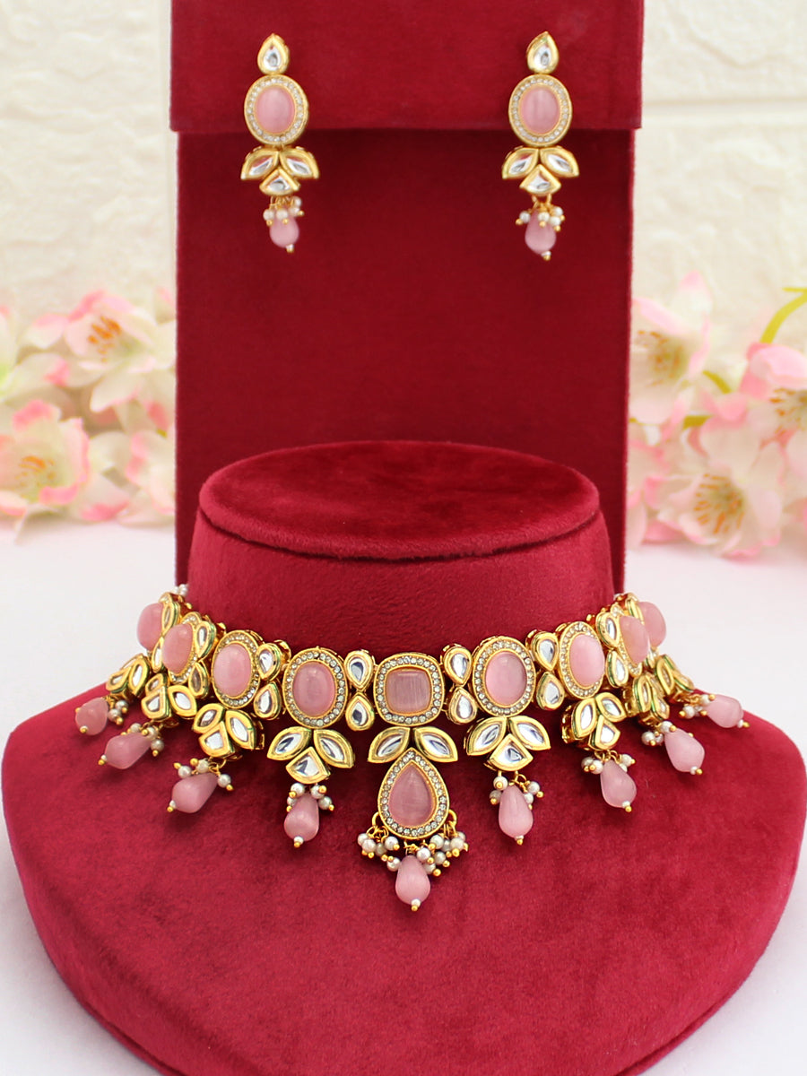 Ruhana Choker Necklace Set-Pastel Pink