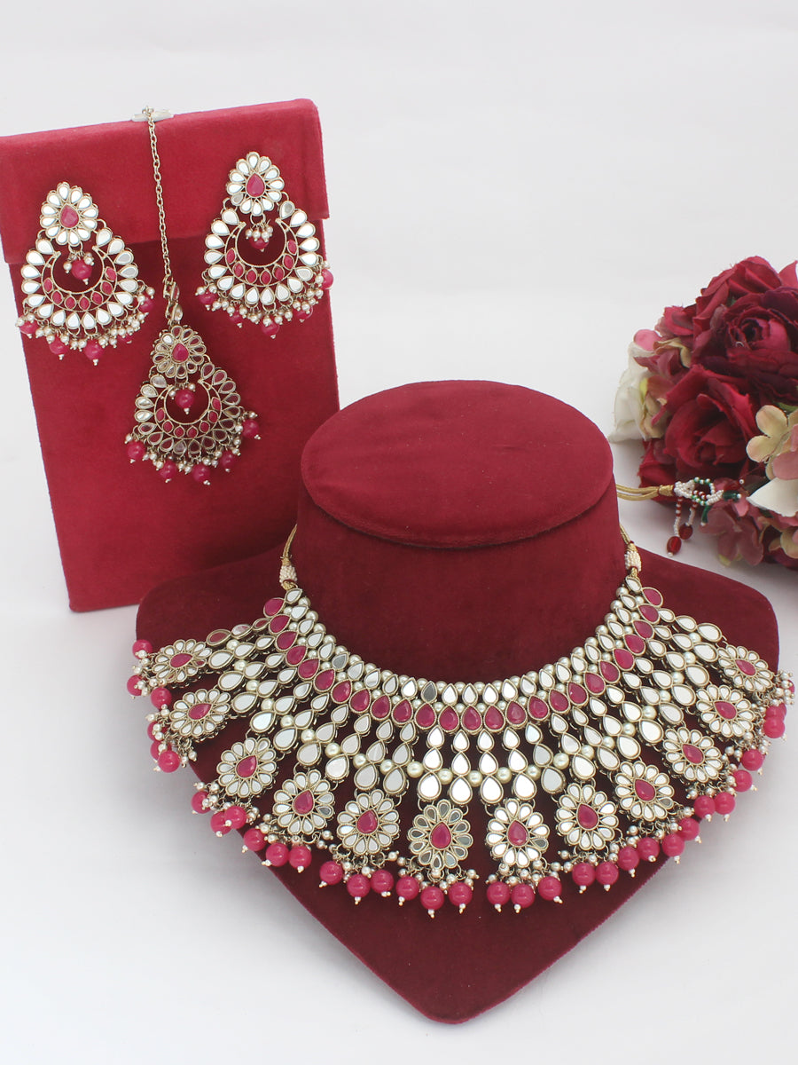 Ziya Necklace Set-(Golden)-ruby Pink