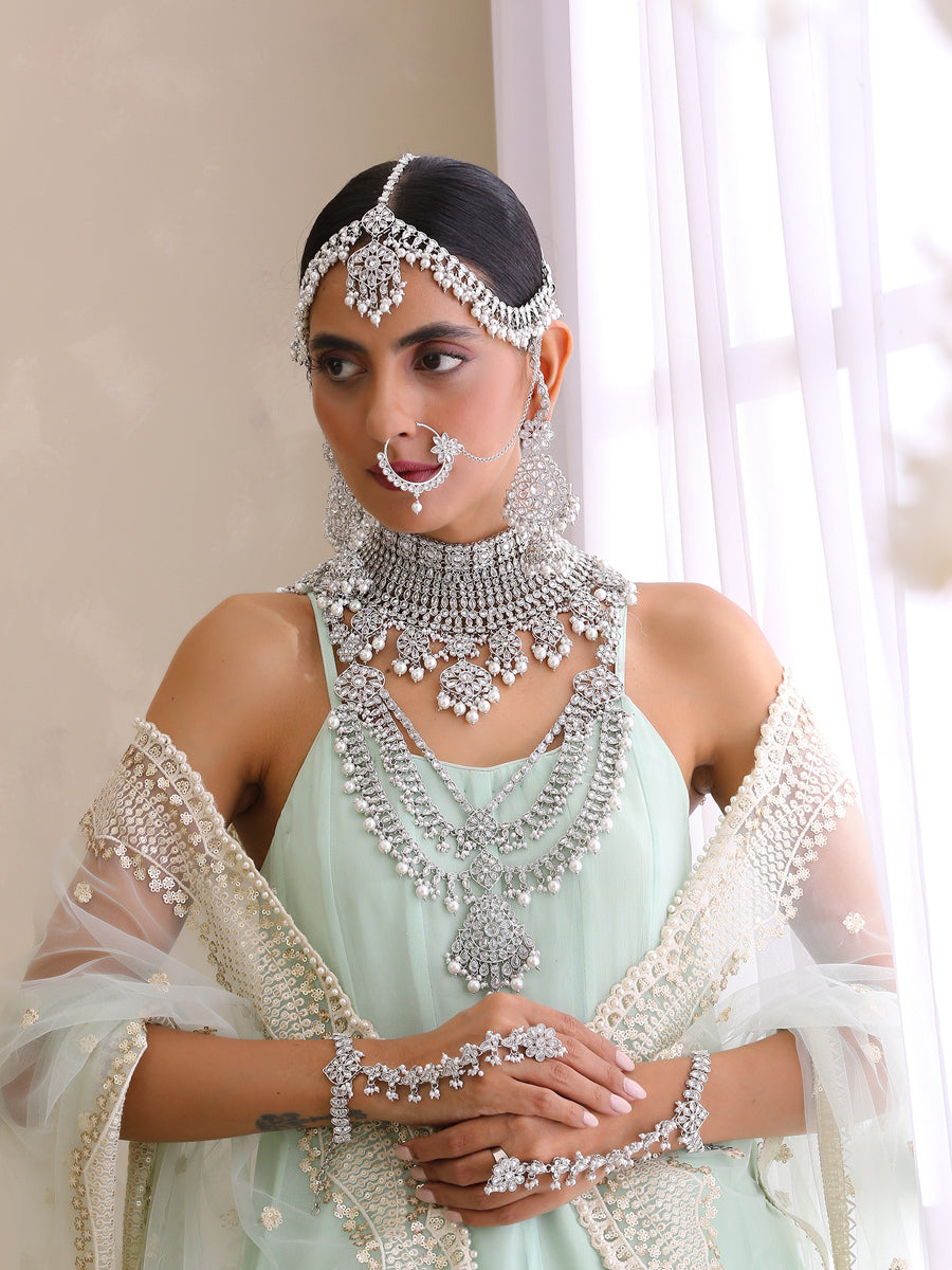 Brass Ad Diamond Fabulous Attractive Silver bridal Necklace Set A1-7215 at  Rs 8530/set in Mumbai