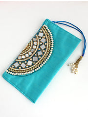 Silk Pouch With Mirror Work/ Wedding Favors-Turquoise