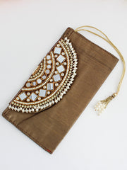 Silk Pouch With Mirror Work/ Wedding Favors-Brown