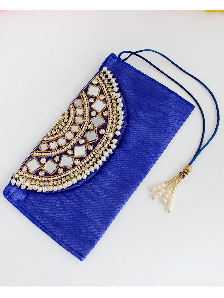 Silk Pouch With Mirror Work/ Wedding Favors-Blue