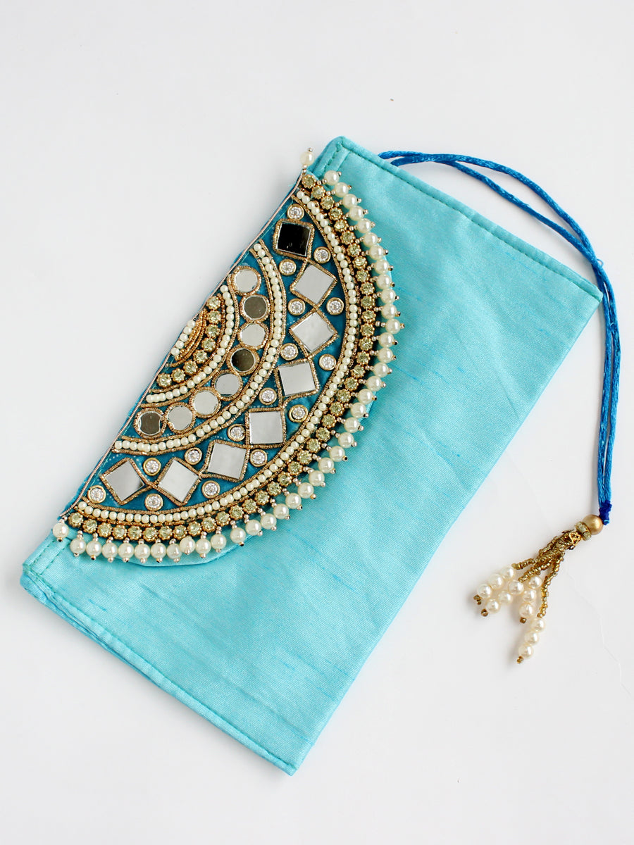 Silk Pouch With Mirror Work/ Wedding Favors-Aqua