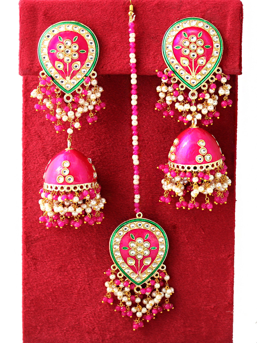 Kusha Earrings & Tikka-Hot Pink