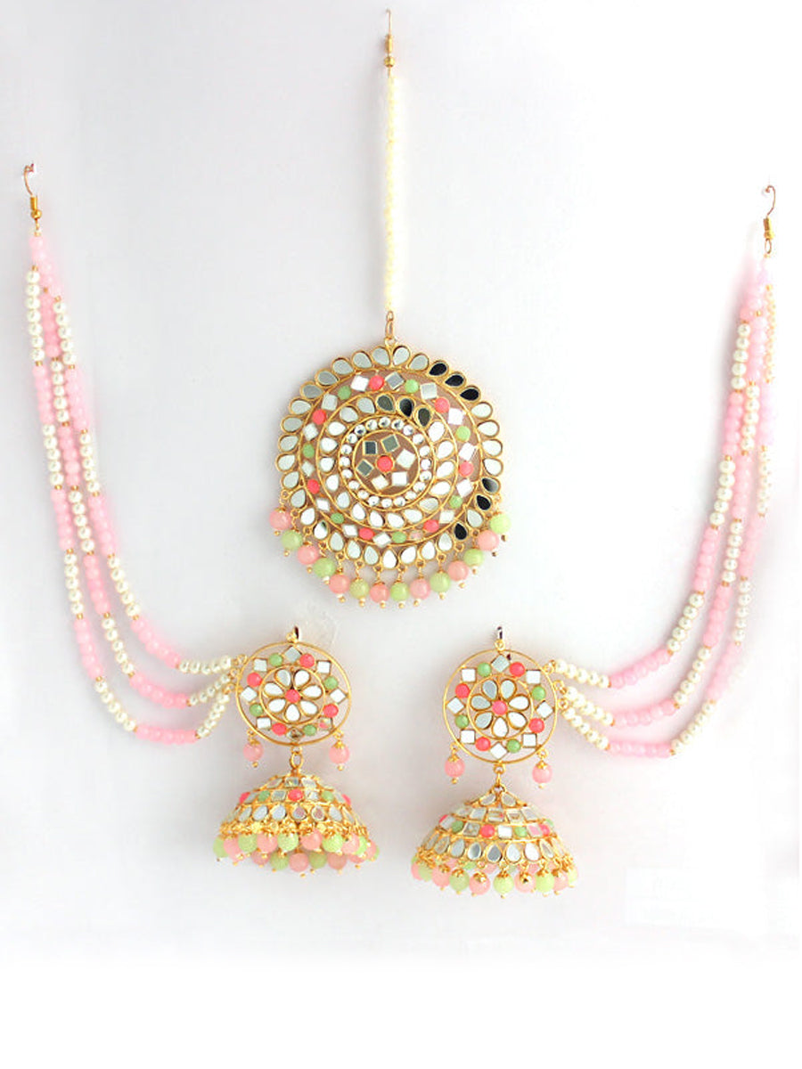 Kirat Earrings With Ear chain-Mint Green/Pastel Pink 