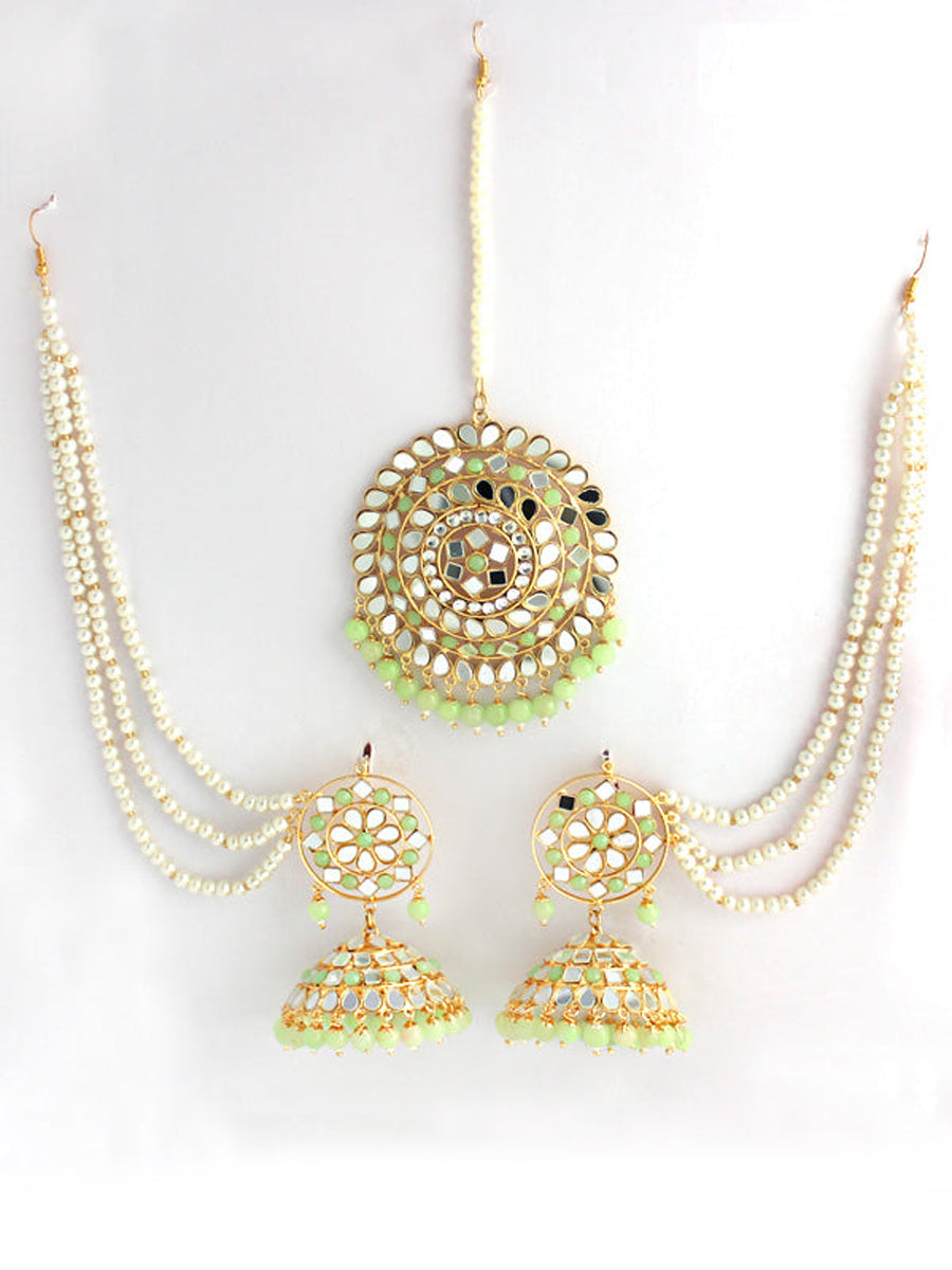 Kirat Earrings With Ear chain-Mint Green