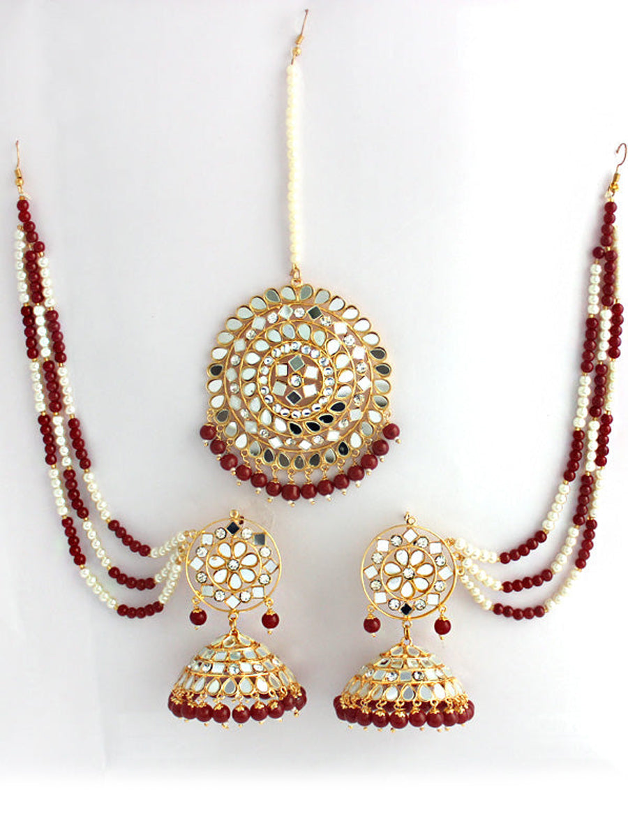 Kirat Earrings With Ear chain-Maroon