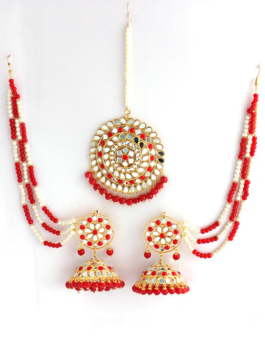 Kirat Earrings With Ear chain=Red