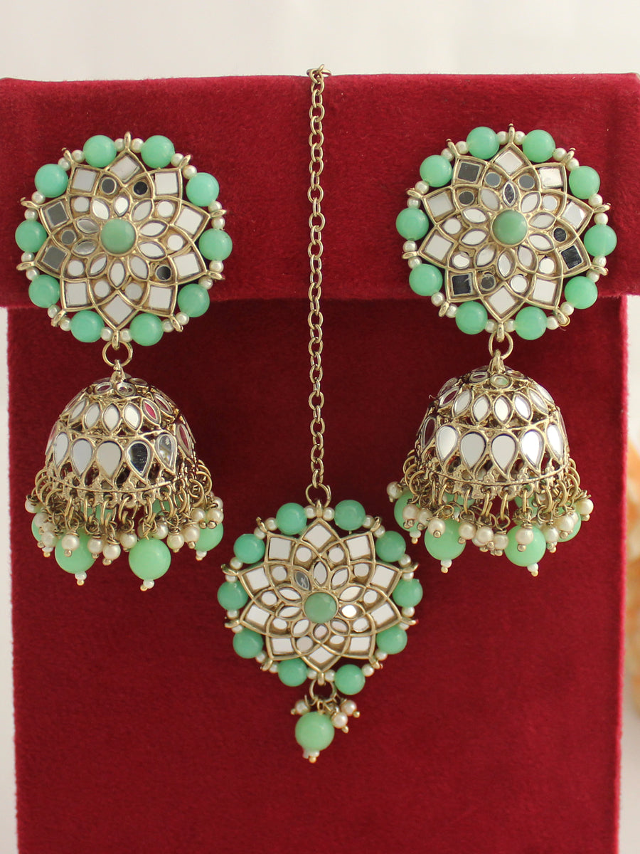 Kashvi Earrings & Tikka-Mint Green