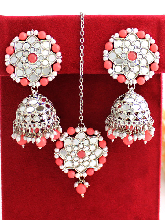 Ziya Earrings & Tikka-Pink