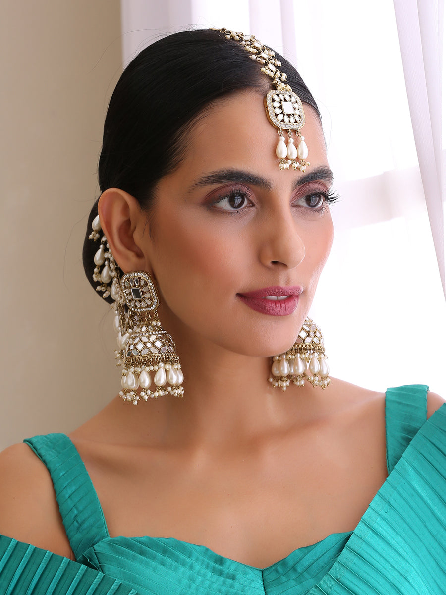 Rasika Mirror Earrings & Tikka Traditional Indian Jhumkas for NRI Brides