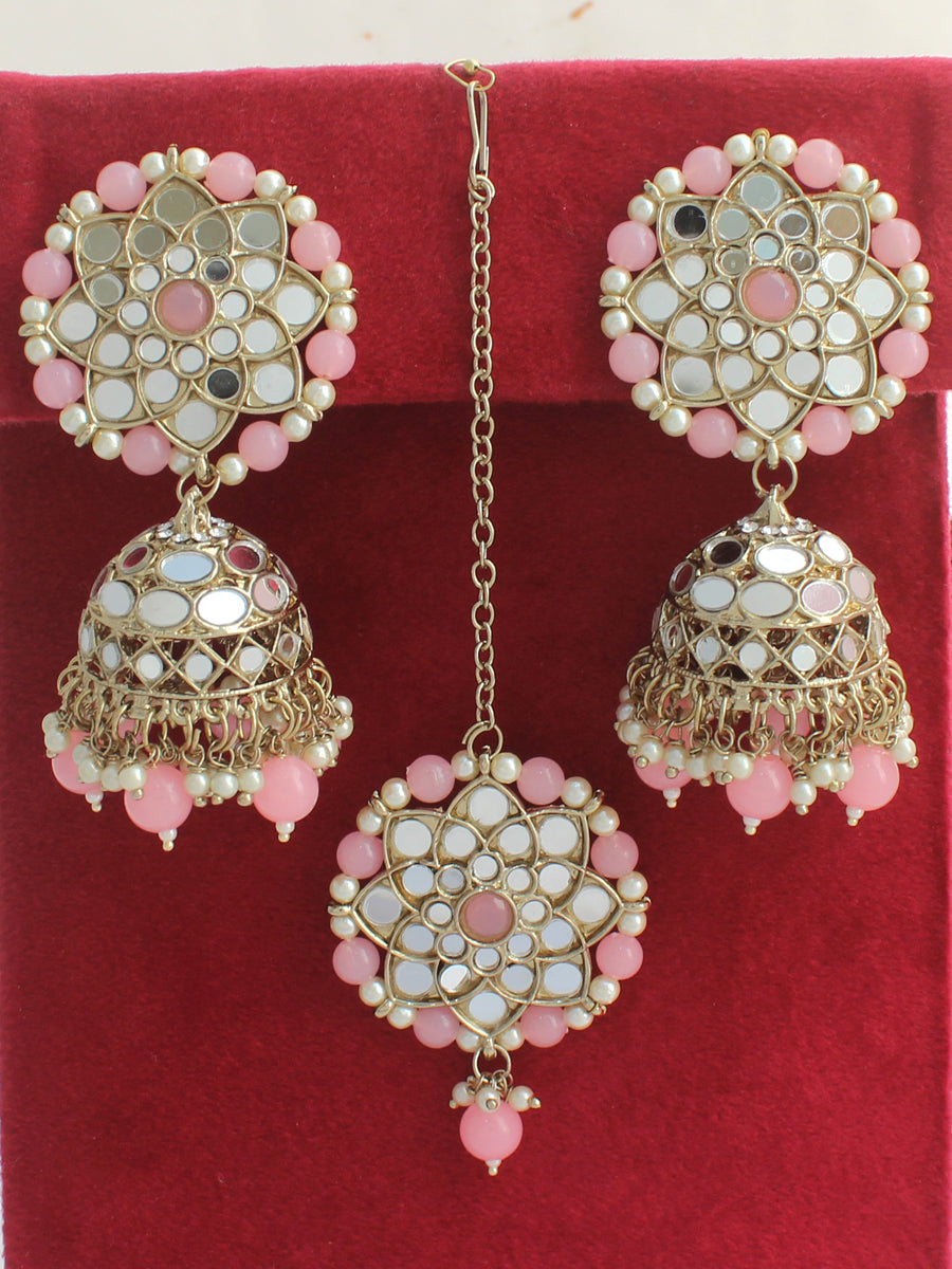 Ziya Earrings & Tikka-Pastel Pink 