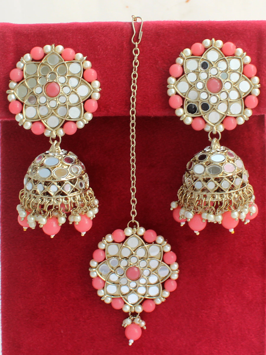 Ziya Earrings & Tikka-Pink 