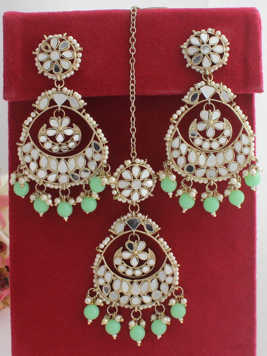 Naaz Earrings & Tikka-Mint Green