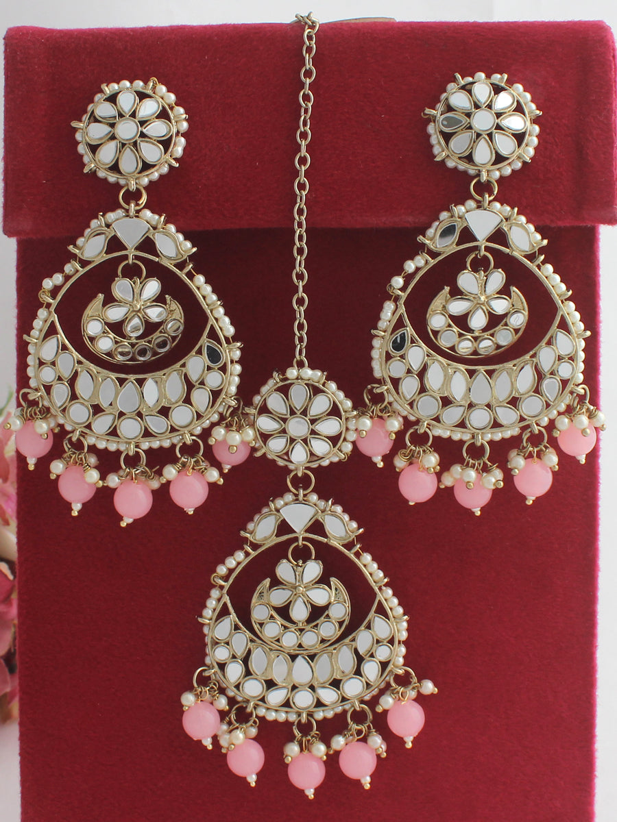 Naaz Earrings & Tikka-Pastel Pink