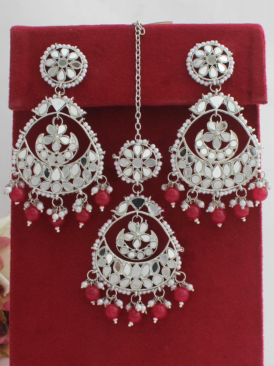 Naaz Earrings & Tikka-Ruby Pink 