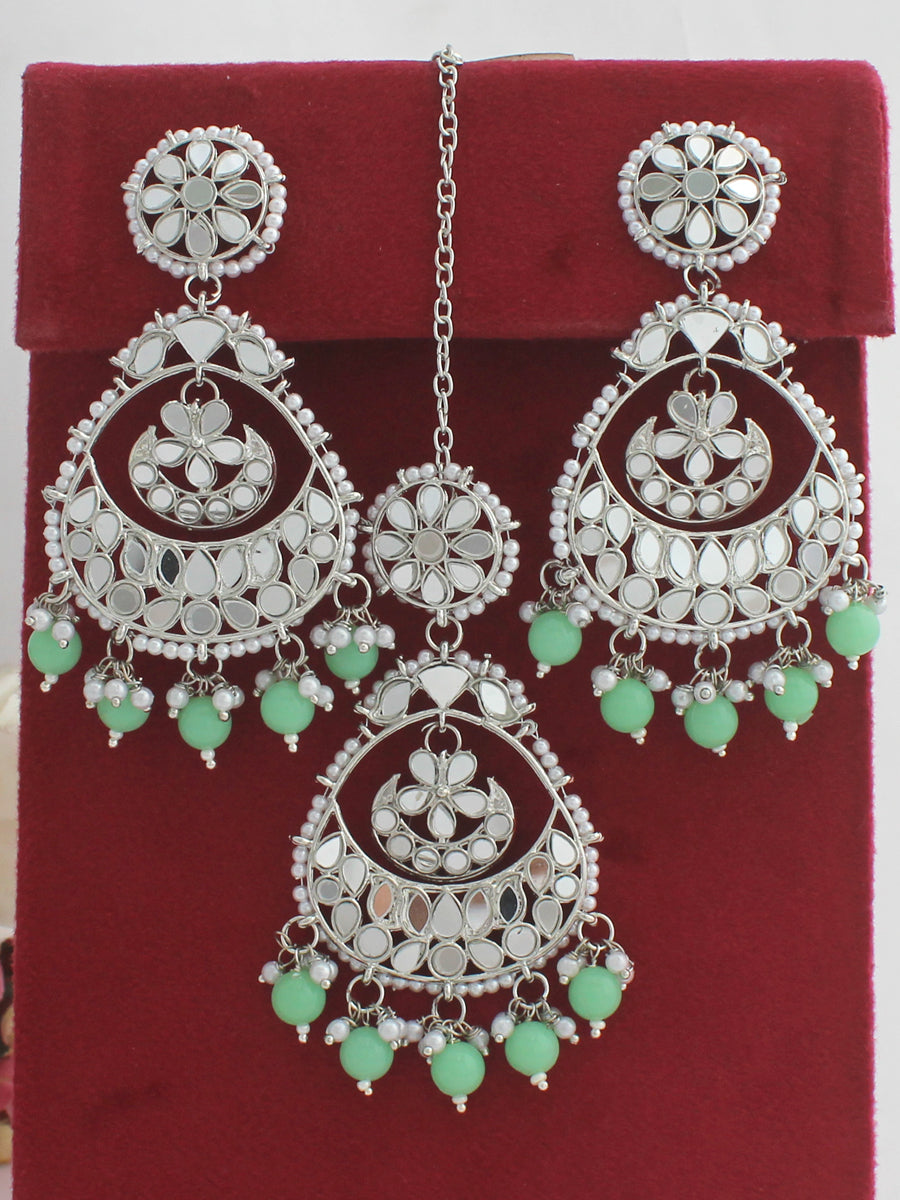 Naaz Earrings & Tikka-Mint Green