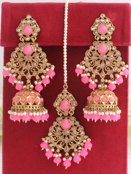 Anushri Earrings & Tikka-Pink