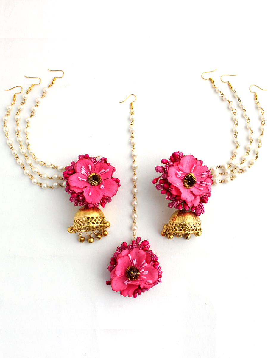 Akansha Floral Earrings & Tikka - Hot Pink