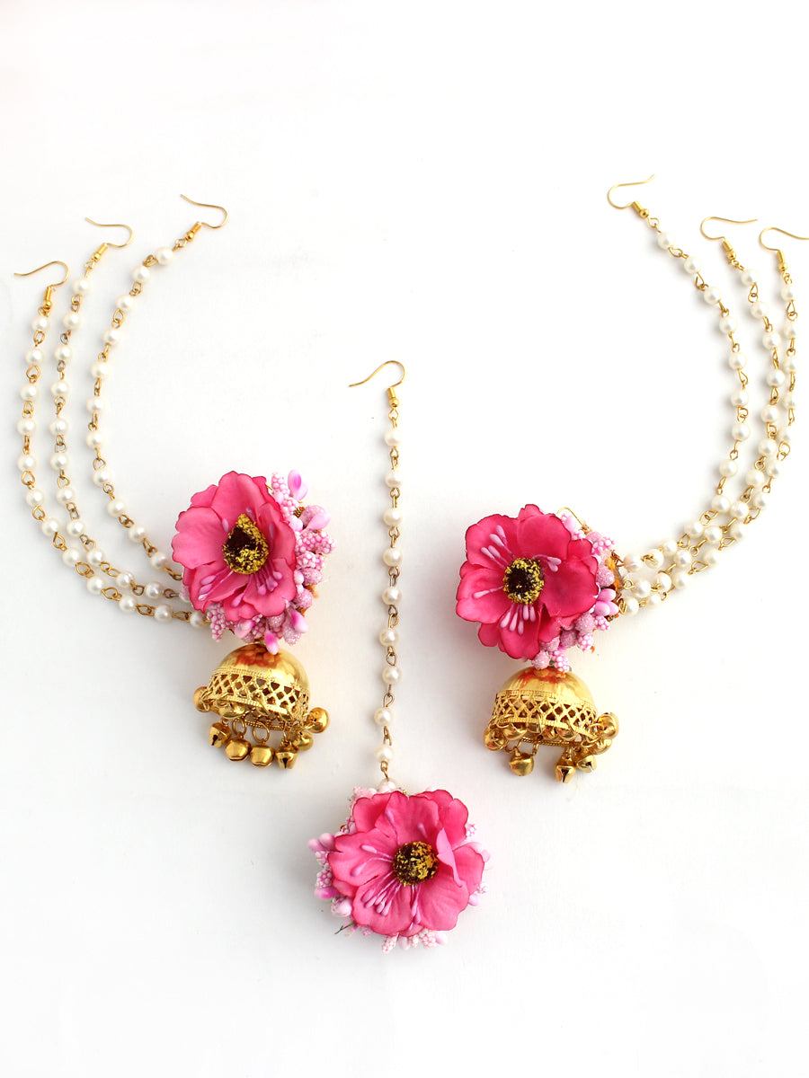 Akansha Floral Earrings & Tikka - Pink