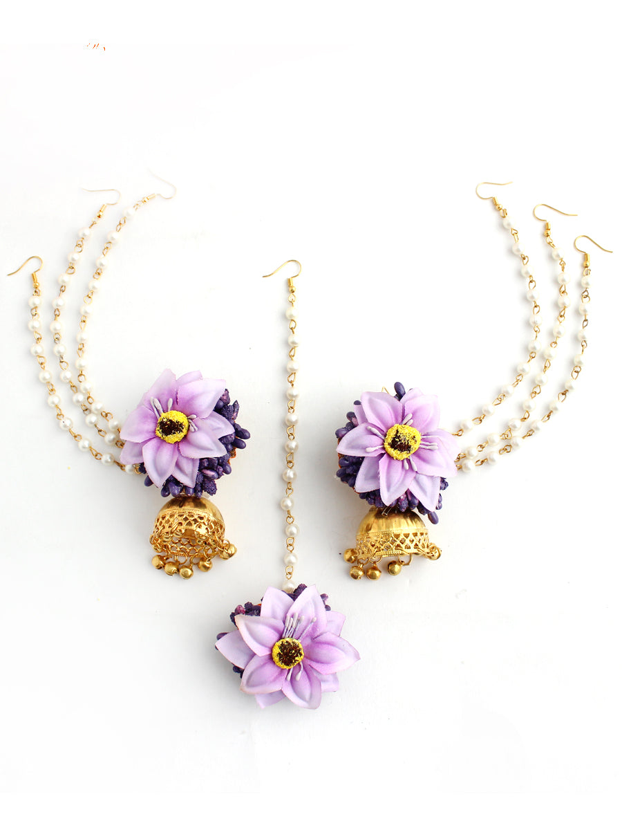 Akansha Floral Earrings & Tikka - Lavender
