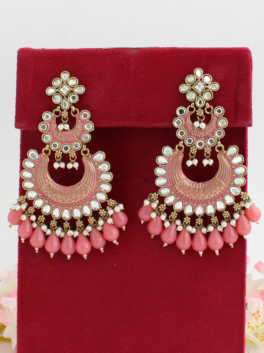 Neeti Kundan Long Earrings-Pink