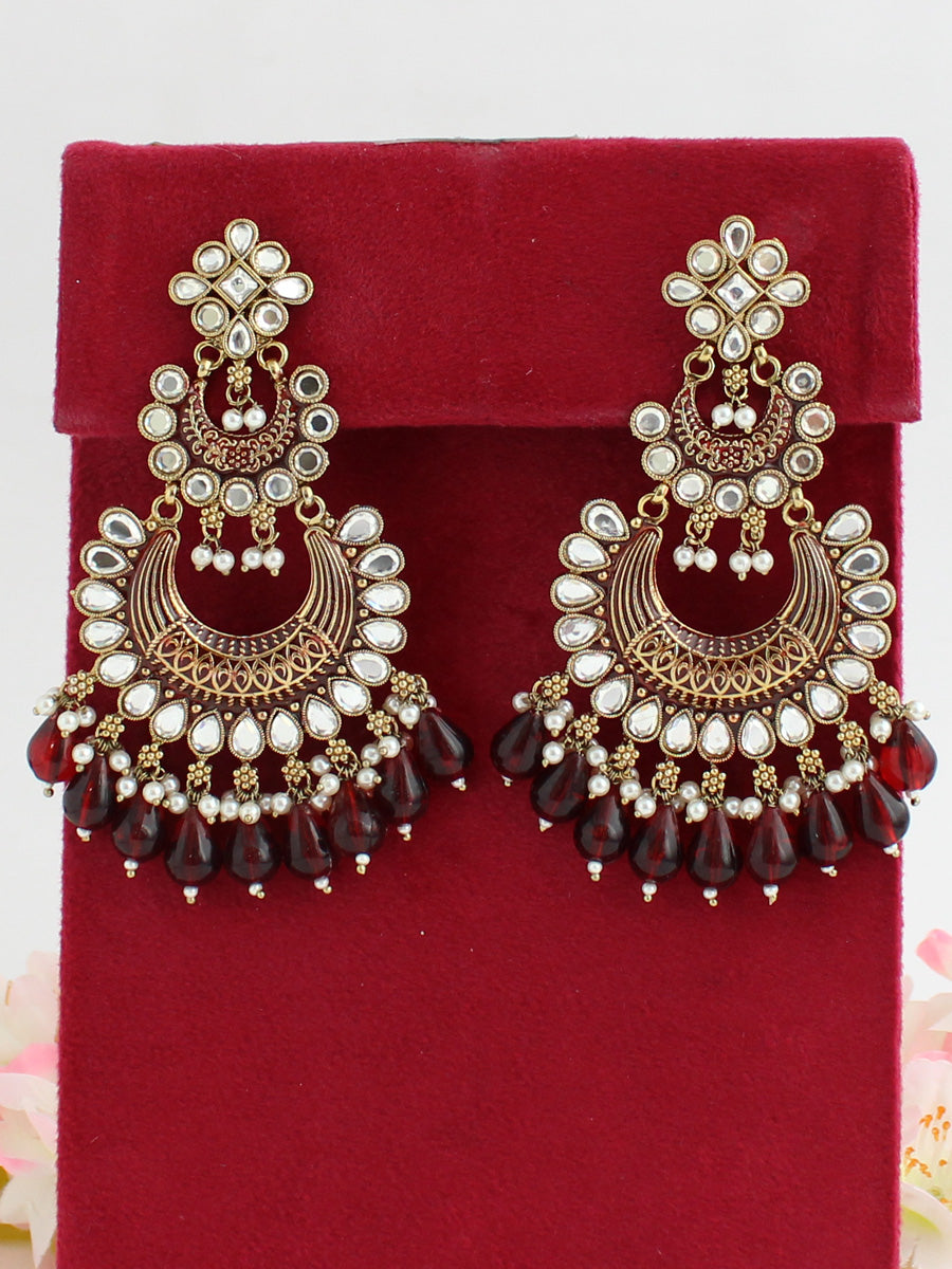 Neeti Kundan Long Earrings-Maroon