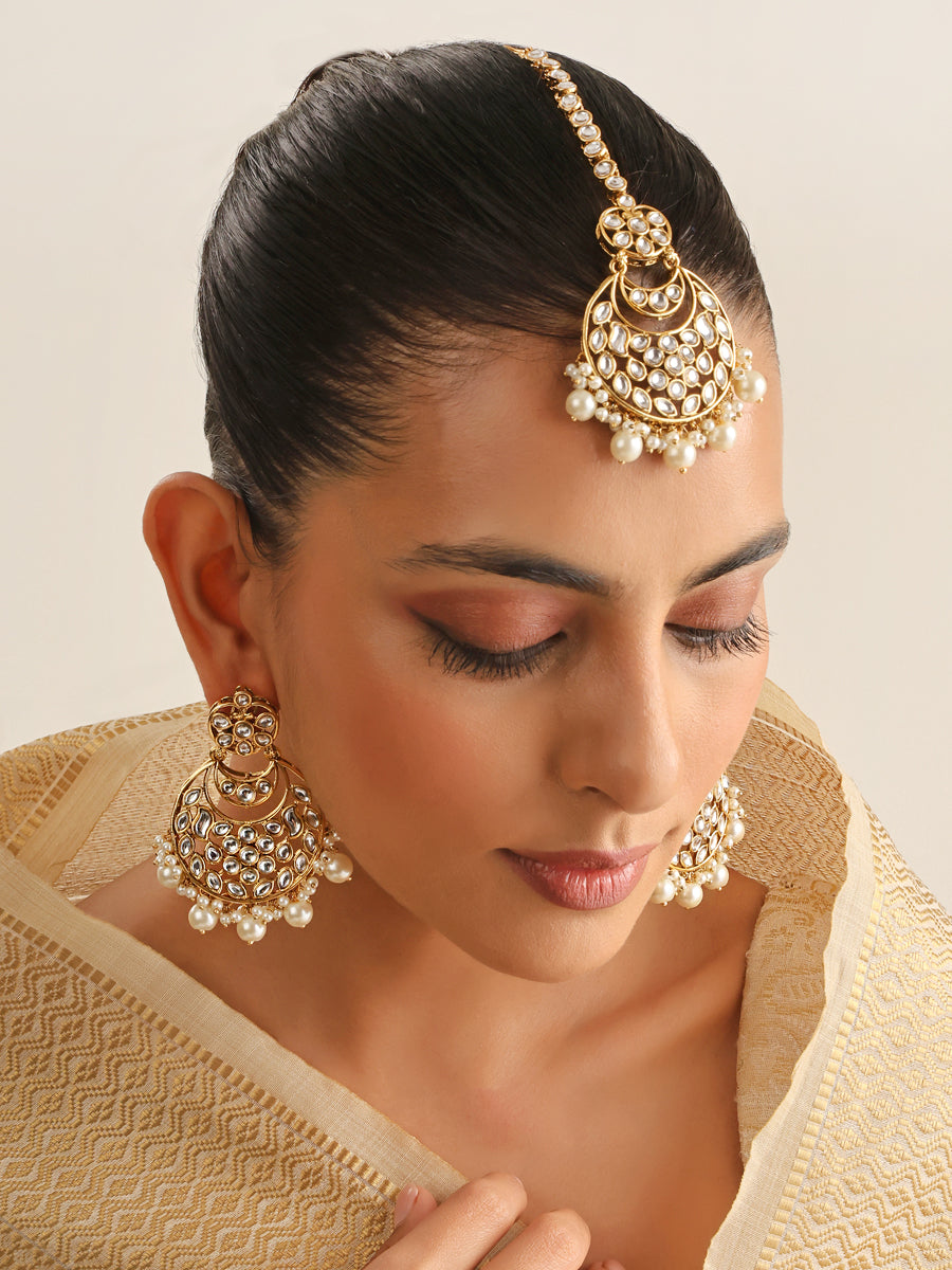 Makhan Gold Plated with Stunning Matte Finish Traditional Big Kundan & Faux  Pearl Bridal Chandbali Earrings with Maang Tikka Set for Women/Girls