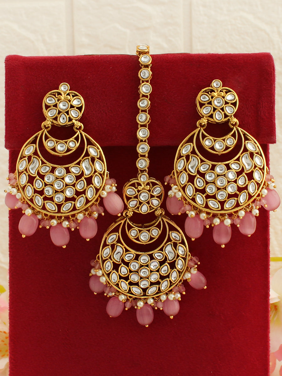 Snehal Earrings & Tikka-Pastel Pink