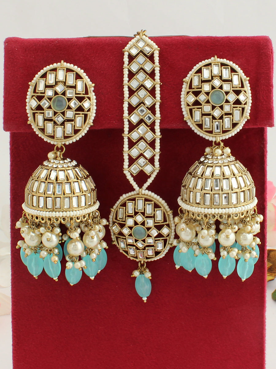 Sea green silver and golden jhumka earrings