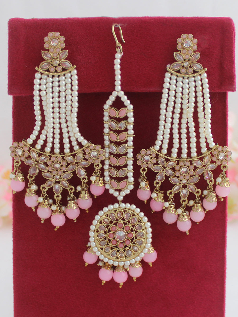 Ankita Earrings & Tikka-Pastel pink