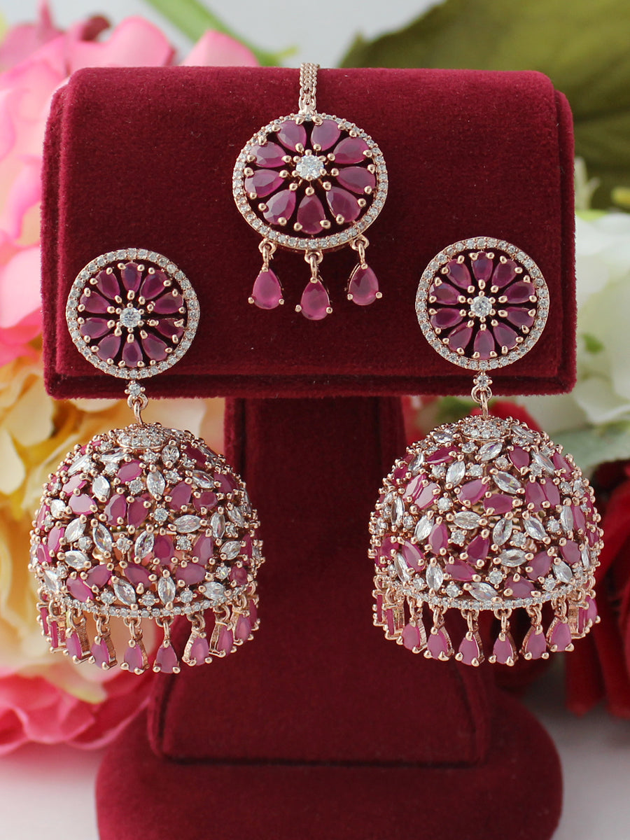 Romika Earrings & Tikka-Ruby pink