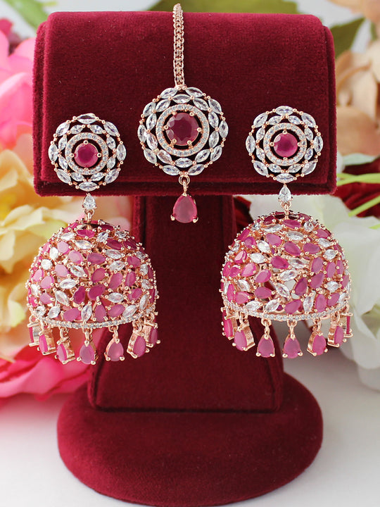 Rashi Earrings & Tikka-Ruby  Pink