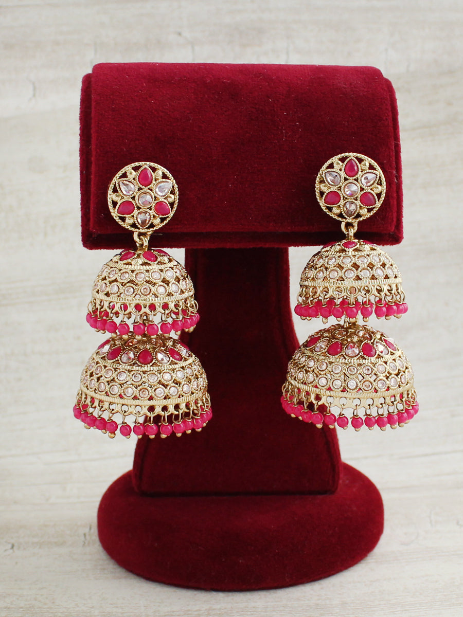 Minal Jhumki Earrings - Hot Pink